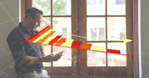 Image of financial data processing over caucasian businessman using smartphone Foto stock