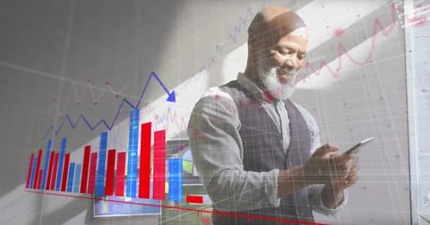 Image of financial data processing over african american businessman using Stock Photos