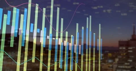 Image of financial data processing over cityscape Stockfoto's