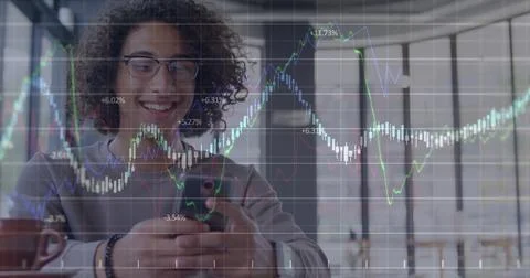 Image of financial data processing over biracial man using smartphone 스톡 사진