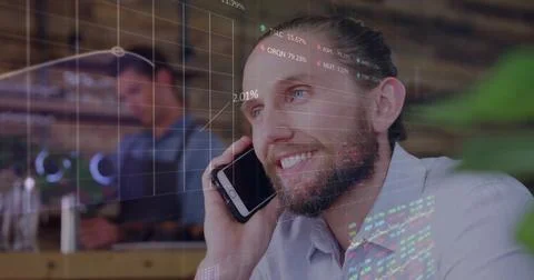 Image of financial data processing over caucasian man using smartphone Stock Photos