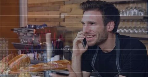 Image of financial data processing over caucasian man using smartphone Stock Photos