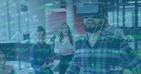 Image of financial data processing over biracial businessman using vr set Stock Photos