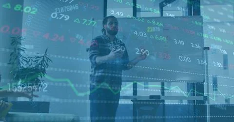 Image of financial data processing over biracial businessman in office 写真素材