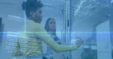 Image of financial data processing over diverse colleagues brainstorming in Stockfoto's