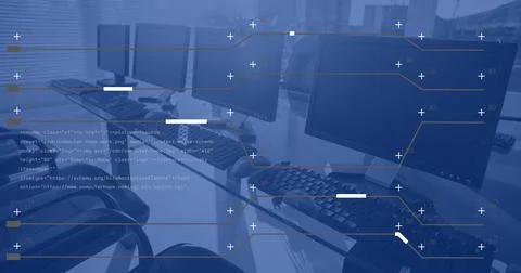 Image of financial data processing over computers on desks in office and blue Foto stock
