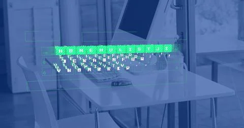 Image of financial data processing over computer on desk in office and blue Stock Photos