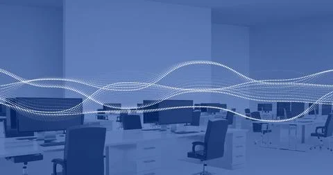 Image of financial data processing over computers on desks in office and blue Foto stock