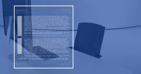 Image of financial data processing over computer on desk in office and blue 写真素材