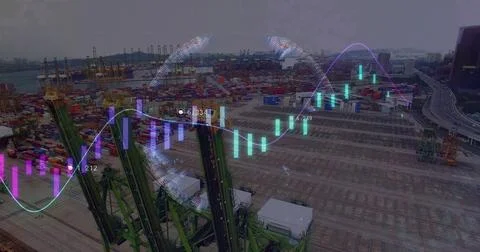 Image of financial data processing over sea port and globe Foto stock