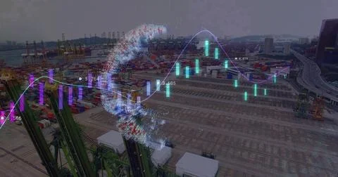 Image of financial data processing over sea port and globe Stock Photos