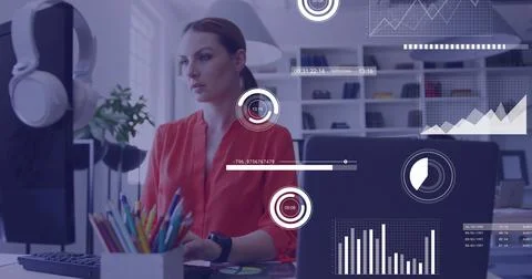 Image of financial data processing over caucasian businesswoman using computer 스톡 사진