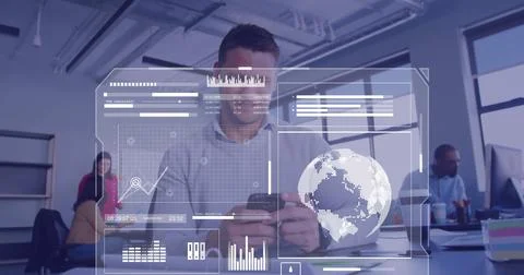 Image of financial data processing over caucasian businessman using computer Stockfoto's