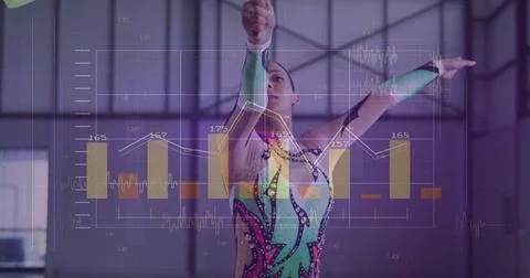 Image of financial data processing over caucasian female gymnast Stockfoto's