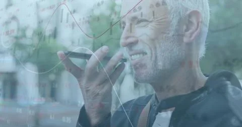 Image of financial data processing over caucasian man using smartphone Stock Photos