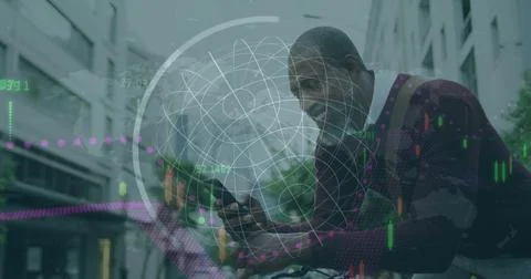 Image of financial data processing over african american man using smartphone 库存照片