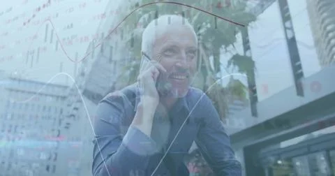 Image of financial data processing over caucasian man using smartphone Stock Photos