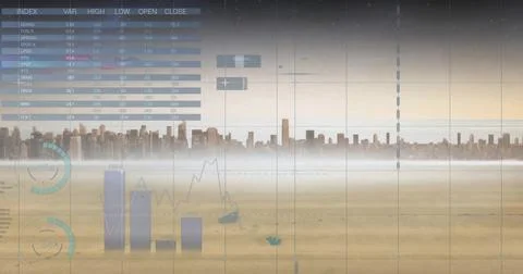 Image of financial data processing over cityscape Stock Photos
