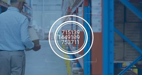 Image of financial data processing over caucasian man working in warehouse 写真素材