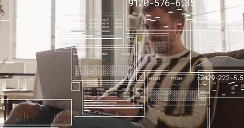 Image of financial data processing over caucasian man using laptop 스톡 사진