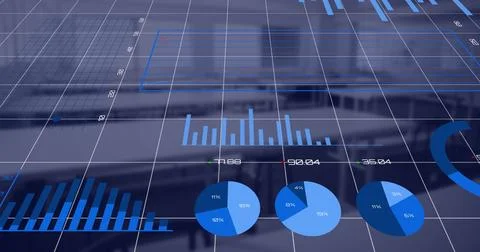 Image of financial data processing over office Stockfoto's