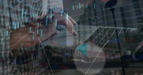 Image of financial data processing over caucasian man using laptop Stock Photos