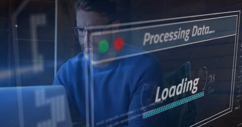 Image of financial data processing over caucasian man using laptop Stock Photos