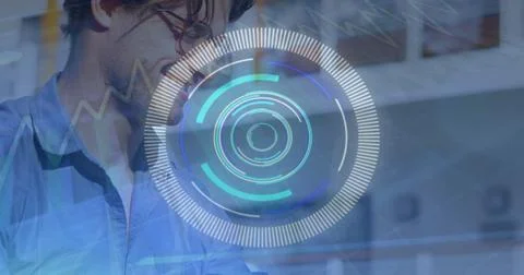Image of financial data processing over caucasian man using smartphone 스톡 사진