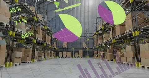 Image of financial data processing over warehouse 写真素材