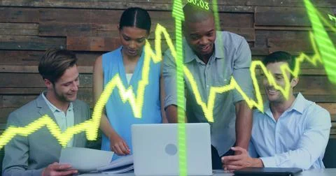 Image of financial data processing over diverse colleagues discussing work in Stock Photos