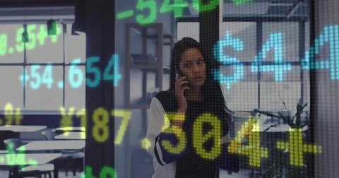 Image of financial data processing over biracial businesswoman using smartphone 스톡 사진