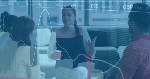 Image of financial data processing over diverse business people in office Foto stock