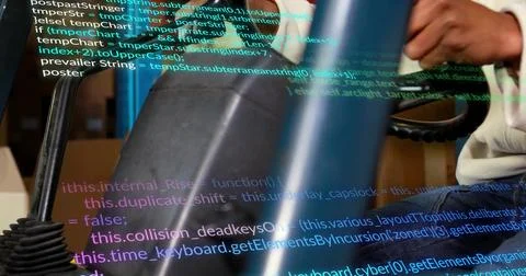 Image of financial data processing over biracial man working in warehouse Stock Photos