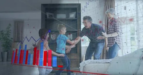 Image of financial data processing over grandparents with grandchildren in house Foto stock