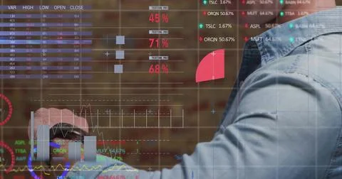 Image of financial data processing over caucasian man checking smartwatch Stock Photos