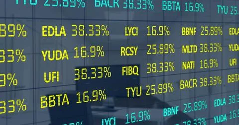 Image of financial data processing over computer on desk at empty office Stock Photos