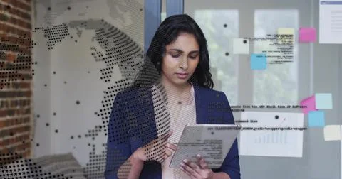 Image of financial data processing over biracial businesswoman using tablet in 스톡 사진