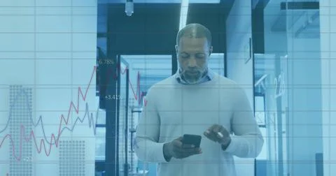 Image of financial data processing over african american businessman using 스톡 사진