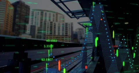 Image of financial data processing over city 스톡 사진