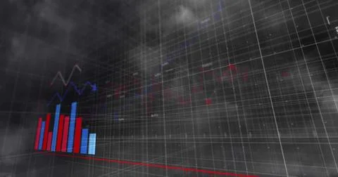 Image of financial data processing over clouds on sky Foto stock