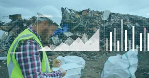 Image of financial data processing over caucasian man working at wasteland 스톡 사진