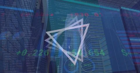 Image of financial data processing over computer screens and city 스톡 사진