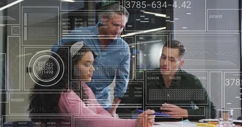 Image of financial data processing over diverse colleagues discussing work .. Stock Photos