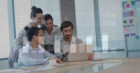 Image of financial data processing over diverse colleagues discussing work .. Stockfoto's