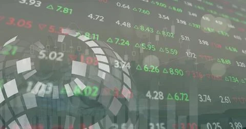 Image of financial data processing over grid and dark background Foto stock