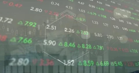 Image of financial data processing over cityscape and dark background 写真素材