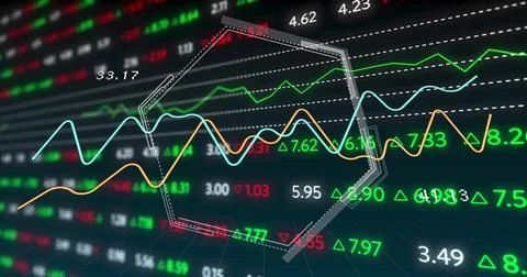 Image of financial data processing over grid and dark background Foto stock
