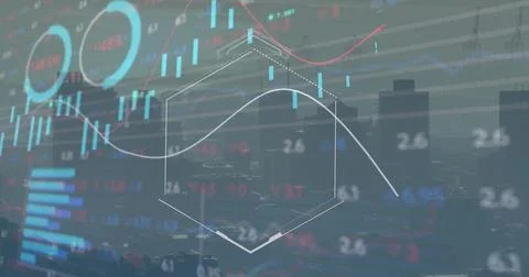 Image of financial data processing over cityscape and dark background Foto stock
