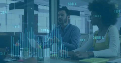 Image of financial data processing over diverse business people in office Foto stock