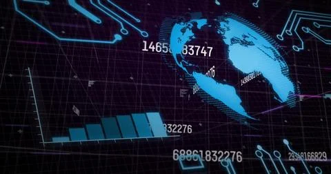 Image of financial data processing over globe over black background 스톡 사진